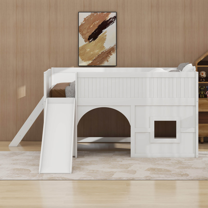 Full Size Wooden Low Loft Bed With Storage Shelves And Slide,Door And Window Design, White