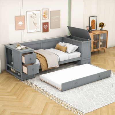 Twin Size Wood Daybed with Storage, Twin Trundle and Charging Station