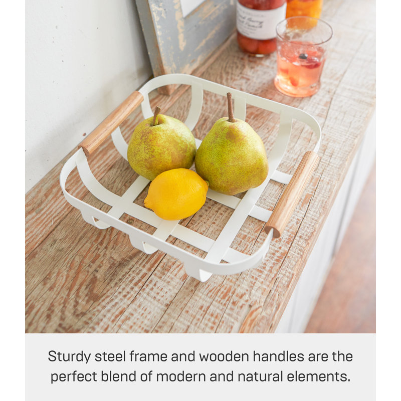 Tosca Yamazaki Home Fruit Basket, Kitchen Decorative Metal Holder Bowl, Steel + Wood, Handles