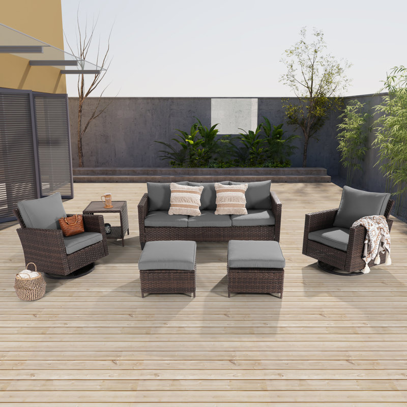 Ensemble de conversation d'extérieur en osier avec chaises pivotantes 6 pièces Linntown, Gris