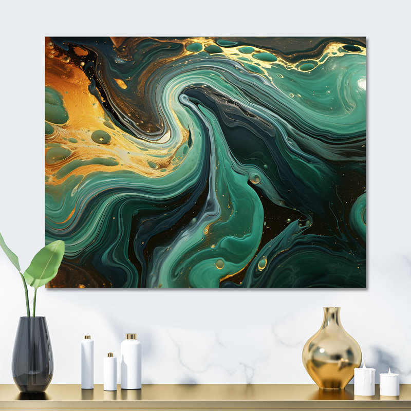 Abstrait marbre vert et doré II - décoration murale en marbre, H 12 po x l 20 po x P 1 po