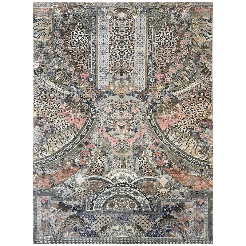 High-Quality Hand-Knotted Beige And Green Area Rug, Rectangle 8' x 10', Beige and Multi