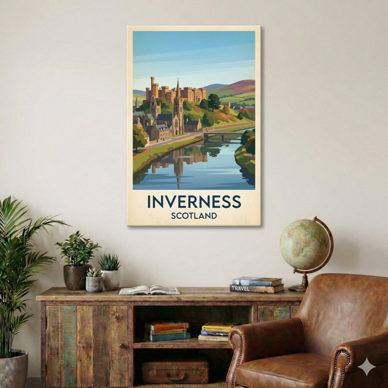 Inverness, Scotland - Romantic Highlands Travel Poster: Castle On The River. Giclee Print On Wrapped Canvas. Wall Art, Home Decor - Cities & Towns, Scotland - Wrapped Canvas Print