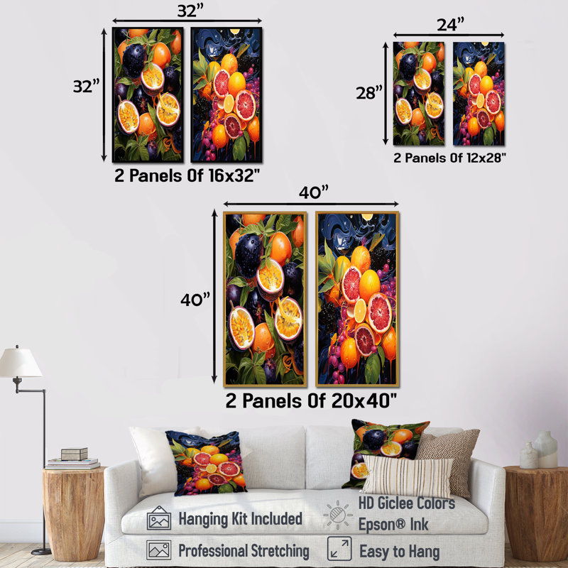 Electric Ebony Passionfruit Pulse - fruits, ensemble de 2 reproductions d'art mural, H 40 po x l 41 po, Toile tendue