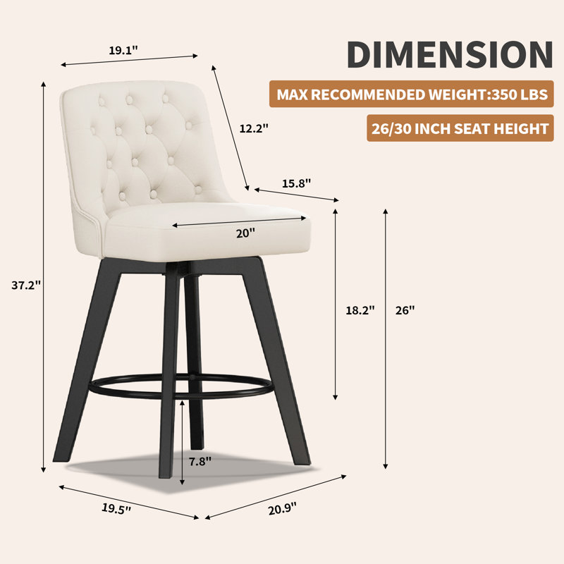 Swivel Upholstered 26'' Counter Stool Wood Leg, White, Counter Stool (26" Seat Height), 1