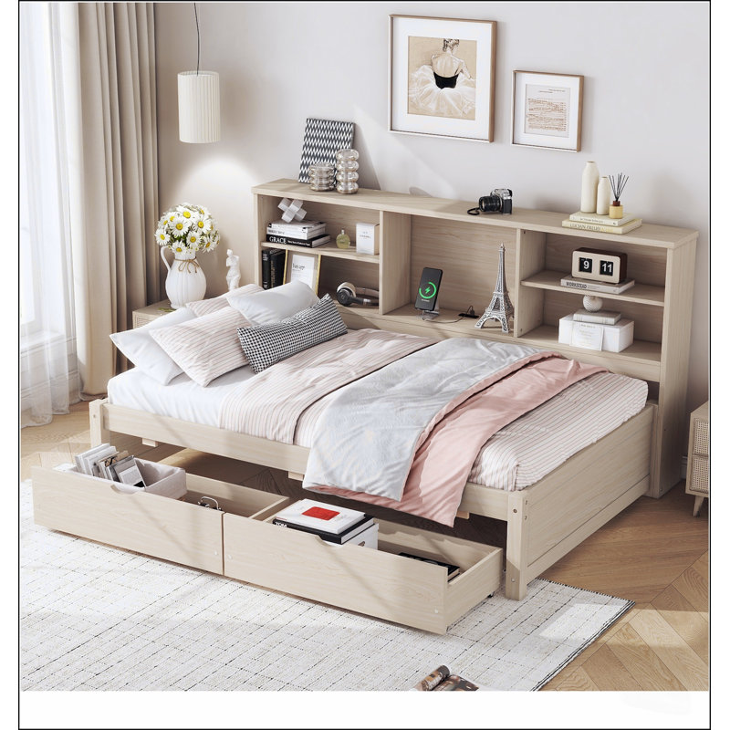 Cadre de lit simple avec tablettes latérales, deux tiroirs et port USB intégré pour un style de vie moderne, Natural