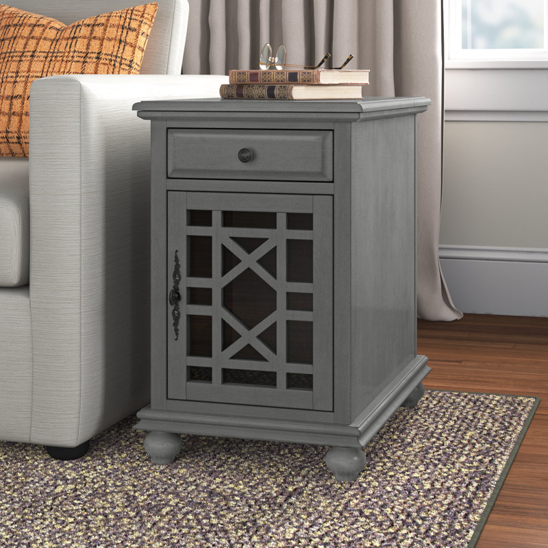 Ahmara End Table with Storage and Built-In Outlets, Grey Top / Grey Base