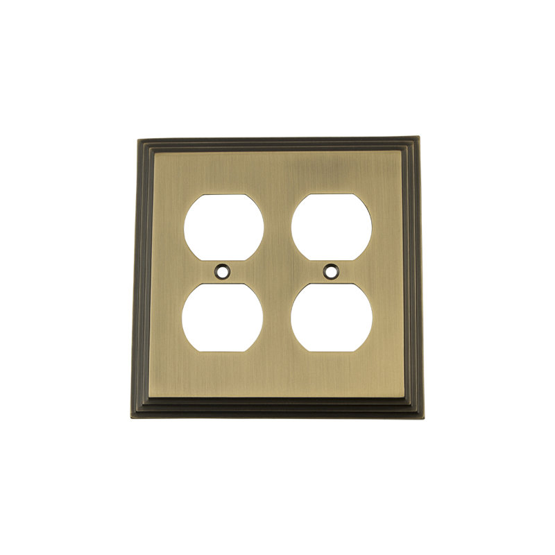 Deco 2-Gang Duplex Outlet Wall Plate, Antique Brass
