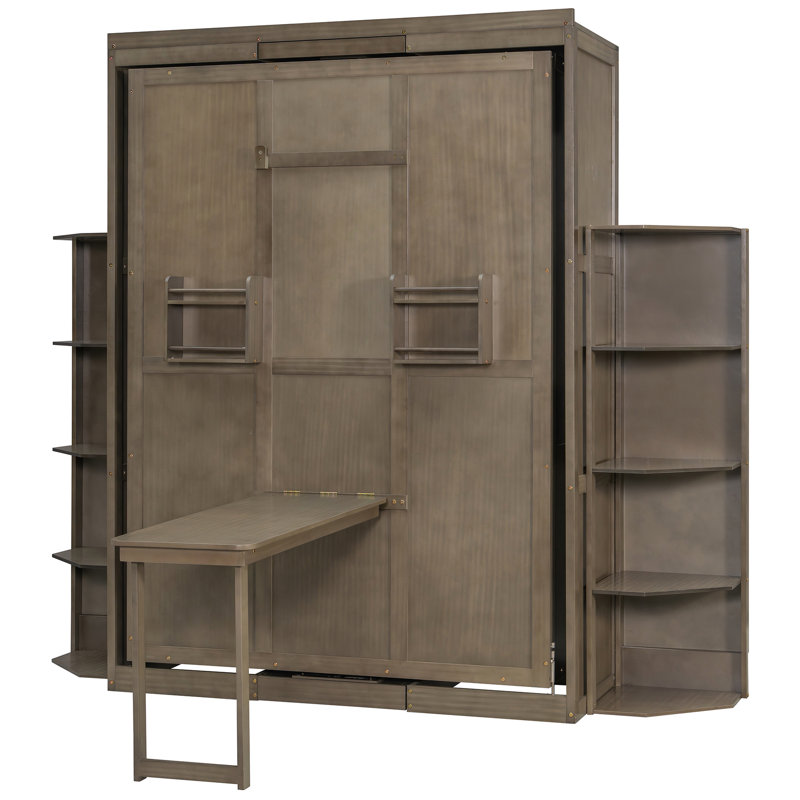 Grand lit pivotant 360 avec un design épuré, deux tablettes et un espace de travail convertible, pour un bureau à domicile multifonctionnel, un espace de travail caché gris à 3 niveaux, de petits espaces,