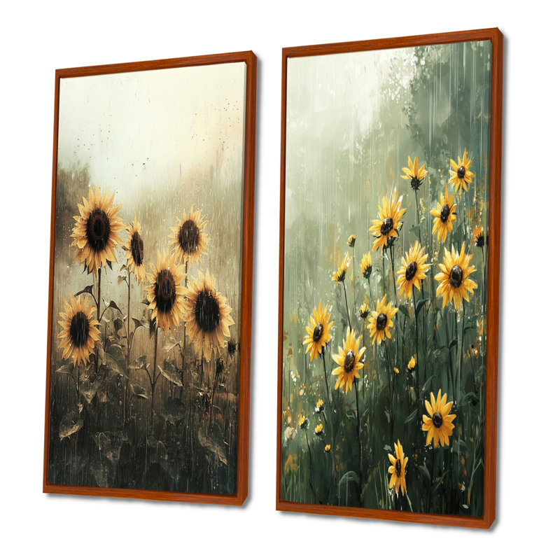 Collection de 2 panneaux rétro Vintage Rainy Day I - Floral Wall Art, H 32 po x l 33 po, Cadre flottant brun