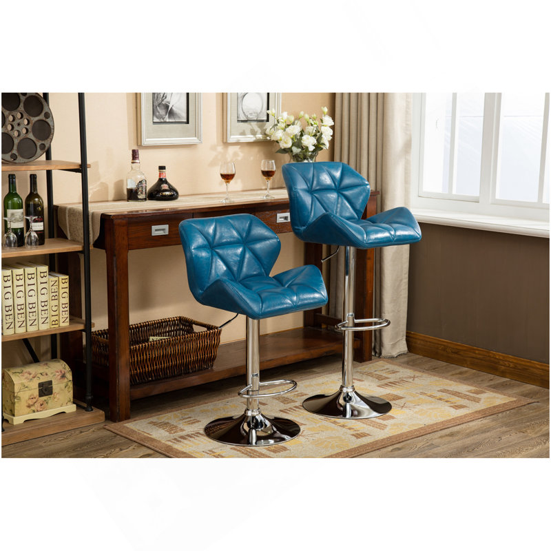 Glasgow Contemporary Tufted Adjustable Height Hidraulic Bar Stools, Set Of 2, Blue, Blue