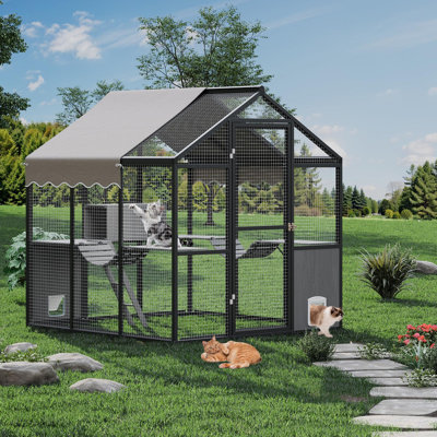 Aluminum Outdoor Cat Enclosure With Weatherproof Roof, Extra Large Catio With Channels, Side Door, UV Proof Cover, Huge Condo, Platform, Walk-In Large Outdoor Catio for Multiple Cats