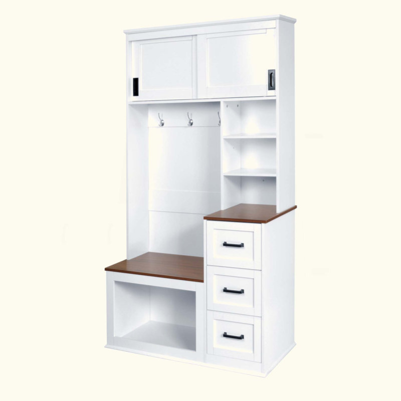 Modern Entryway Bench With Coat Rack, 3 Shelves And Drawers, 3 Sturdy Hooks, 40.2'' Wide Hall Tree With Storage Bench For Hallway, Entryway, Living Room