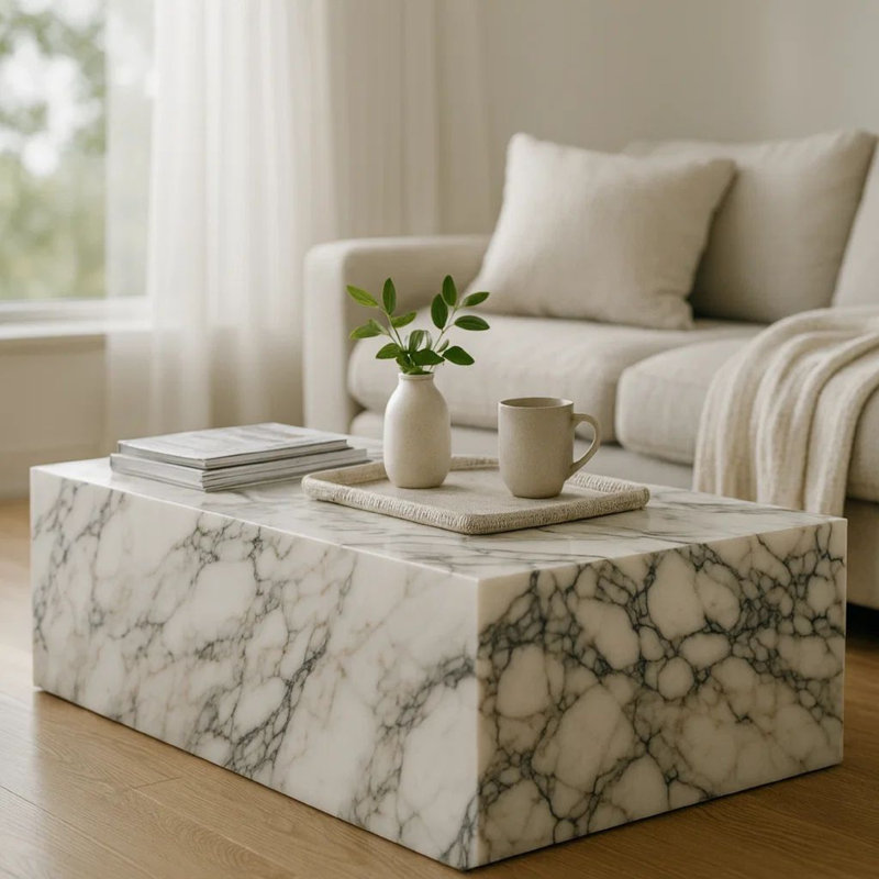 Rey Cocktail Coffee Table, 48 Inch Rectangular Natural  Marble Body, Viola