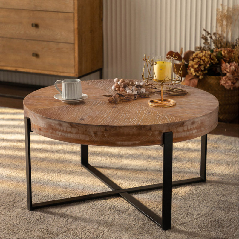 Solid Wood Top Single Coffee Table, Black, Natural, 17.91" H x 33.46" L x 33.46" W