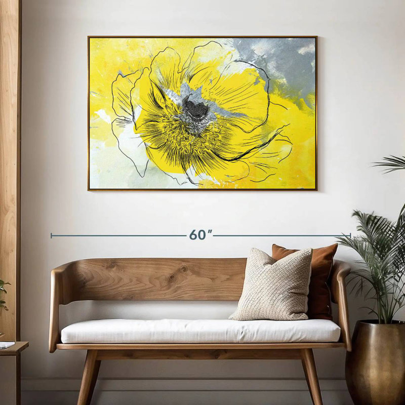 Fleur jaune vif, 46 po x 31 po, Cadre flottant doré