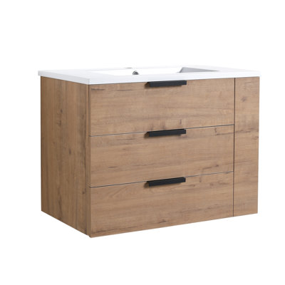 Armoire de salle de bain 30 pouces avec lavabo et tablette latérale. Mécanisme de fermeture en douceur. Meuble-lavabo mural imitation contreplaqué à finition chêne 30 po - tiroir et boîte
