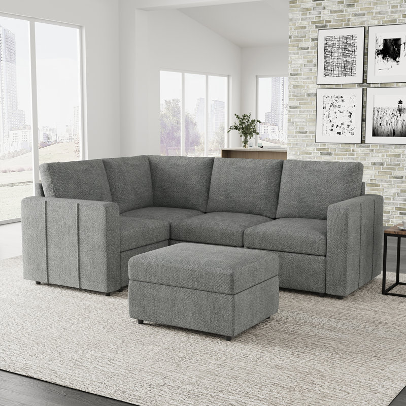 Aubade L-Shape Sectional Sofa Storage Couch With Removable Ottomans, Light Gray Chenille