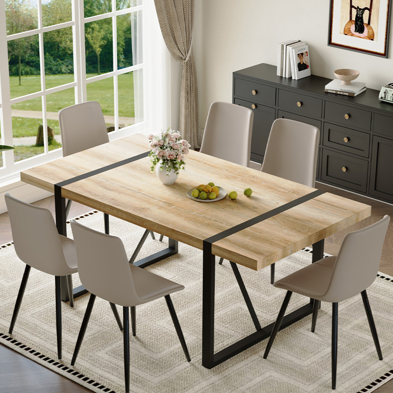 71" Modern Rectangular Dining Table Set, 7, Black/Gray