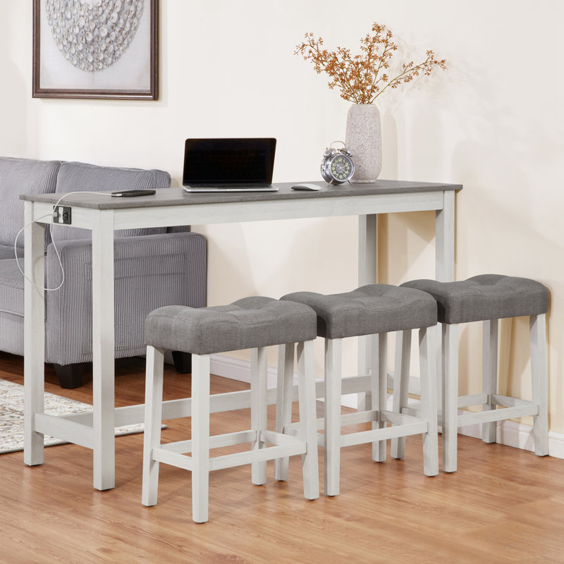 4 Piece Bar Table Set With Power Outlet And 3 Padded Stools, Gray/White