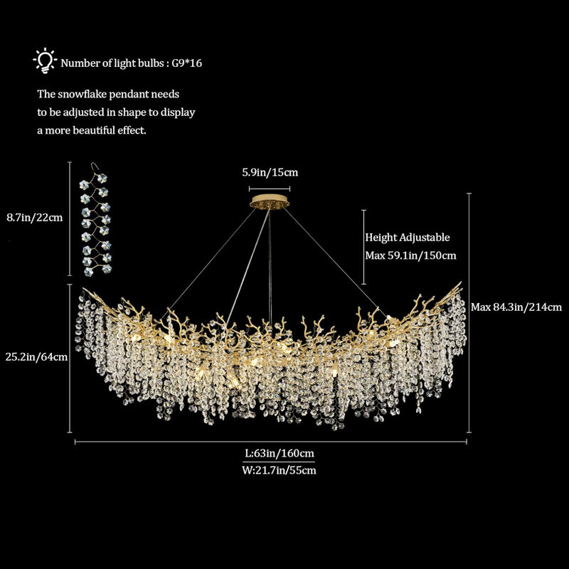 Lustre moderne en cristal K9, Doré, 16 lumières , H 17,72 po x l 62,99 po x P 21,65 po 