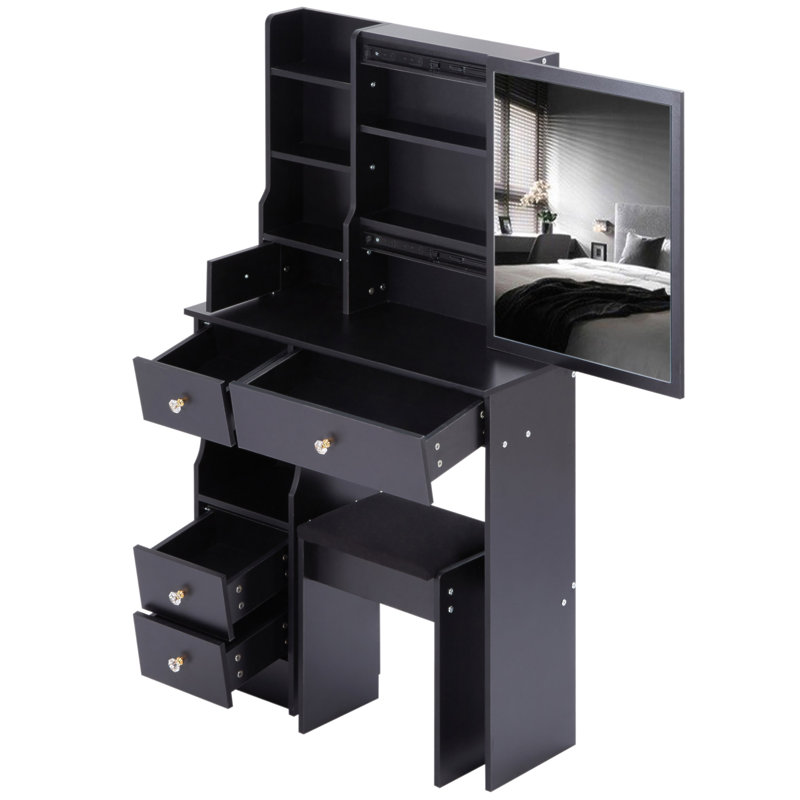 Petit meuble-lavabo de 29,2 po avec tabouret de bureau et tabouret rembourré, très grand miroir coulissant à droite, rangement multi-couches à grande capacité, commode pratique et pratique, convient aux petits espaces