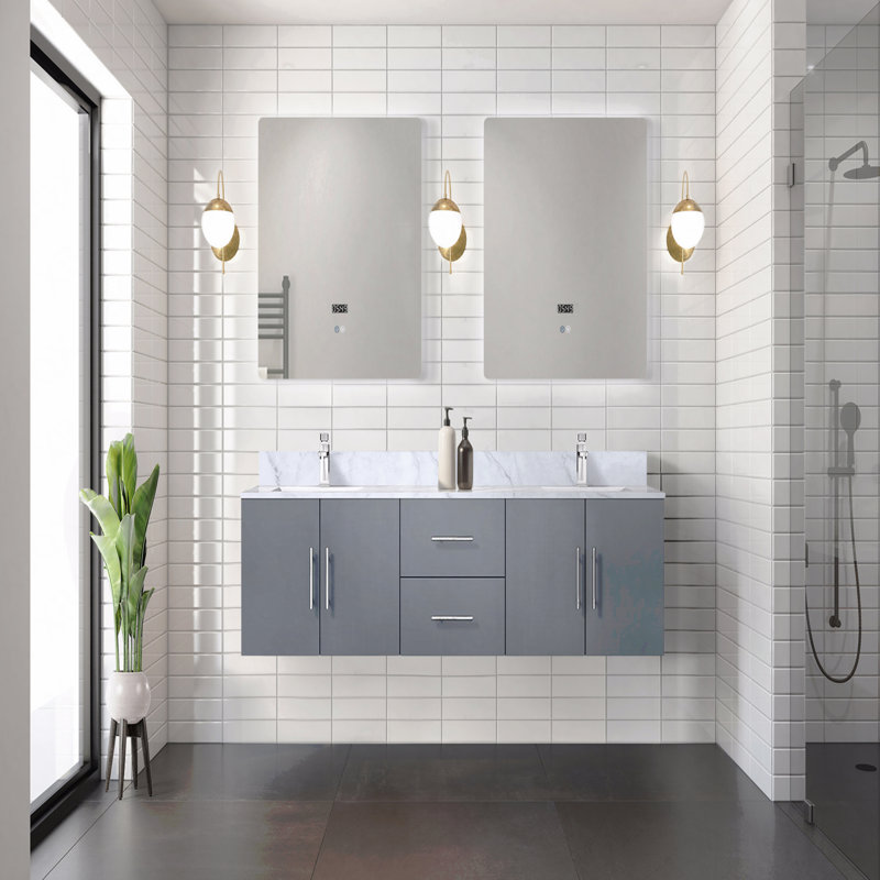 Ensemble de meuble-lavabo double 72 po x P 22 po avec plateau en marbre de Carrare et robinet, Gris, 72"
