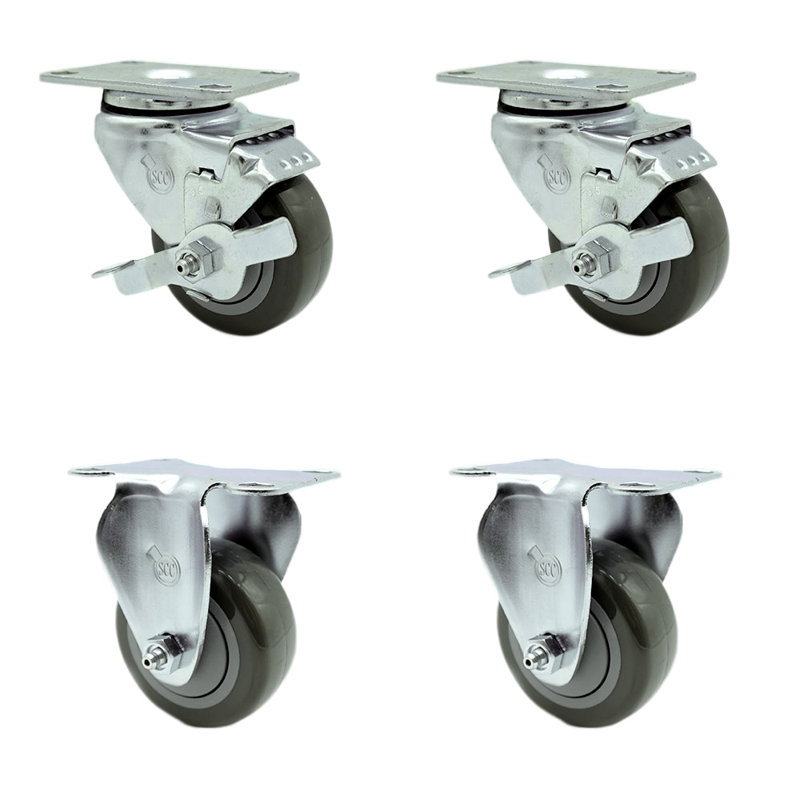 3.5 Inch Polyurethane Swivel Top Plate Caster Set with 2 Brake 2 Rigid SCC|SCC-20S3514-PPUB-TLB-2-R3514-2, Bleu
