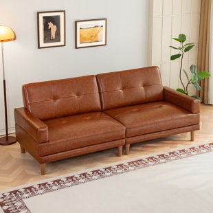 94.5''W Leather Couch with Deep Cushions, Mid-century Modern 3-seater Tufted Sectional Sofa with Square Armrest for Living Room and Bedroom, Brown