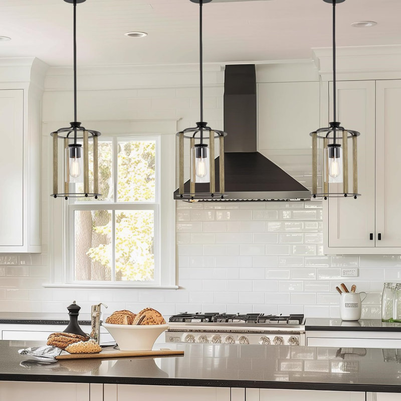 Luminaire suspendu de style campagne moderne à 1 lumière de 15 po + abat-jour cylindrique transparent en bois de bouleau fumé + finition noire