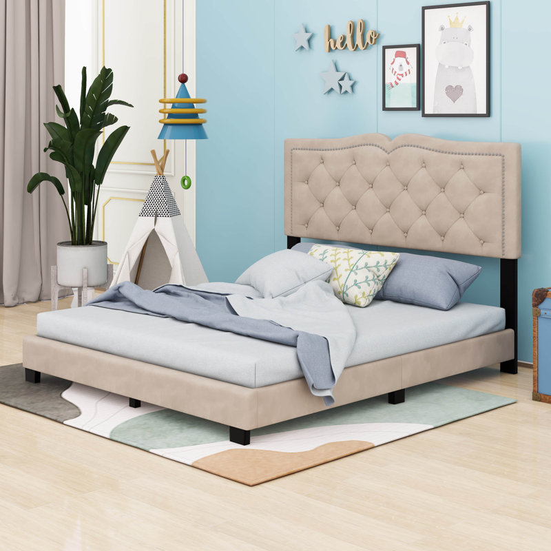 Brisha Upholstered Platform Bed, Queen, Beige
