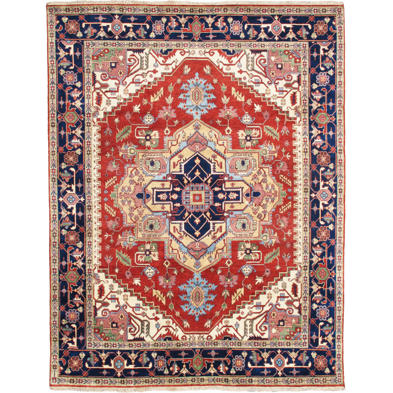 Serapi Hand Knotted Wool Oriental Area Rug, Rectangle 9' x 12', Red/Navy/Cream