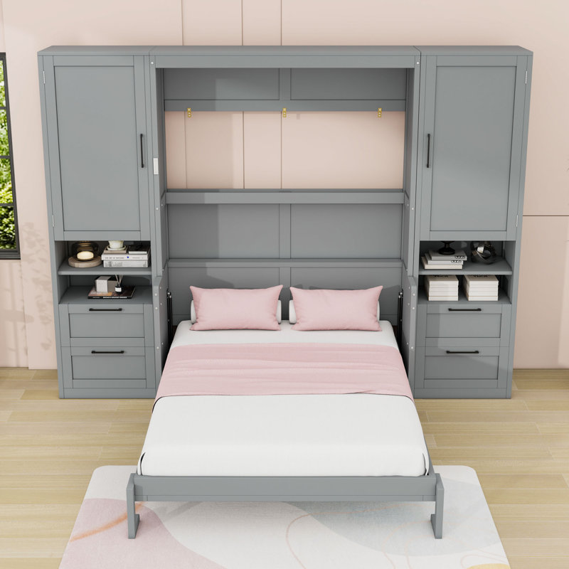 Lit escamotable avec tiroirs de rangement intégrés et bureau, Gris, Double