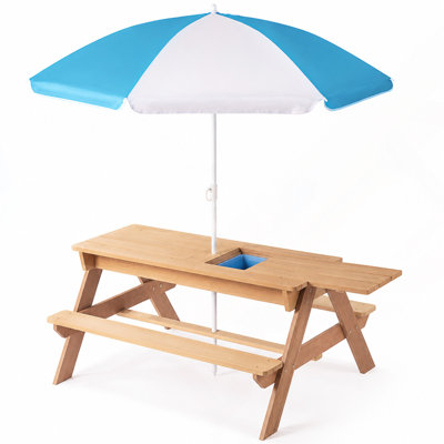 3-in-1 Kids Outdoor Cedar Wood Picnic Table with Adjustable Umbrella, Convertible Sand and Water Activity Play Table