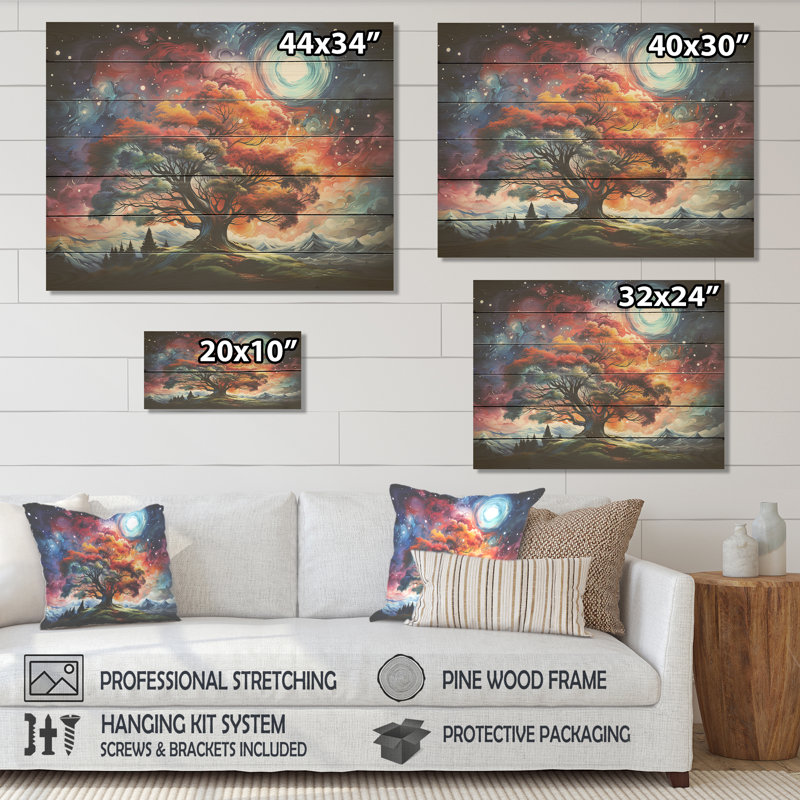 Arbre cosmique orange et rose - Arbre sur bois, H 10 po x l 20 po x P 0,78 po