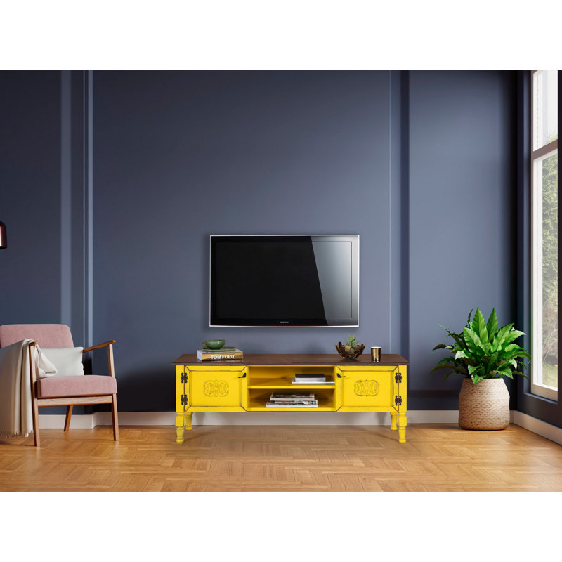 Élégant meuble télé jaune avec plateau en bois d'épinette et pieds de charme, 59,1 po x 15,7 po x 19,7 po | Fabrication 100% en panneau de fibres à densité moyenne, épaisseur de 0,4 pouce | Parfait pour le salon et le rangement des médias, design durable et élégant