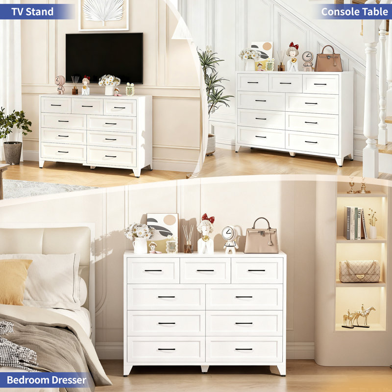 Commode en métal de 47,2 po de largeur avec 9 tiroirs, commode en acier moderne avec quincaillerie anti-basculement., White