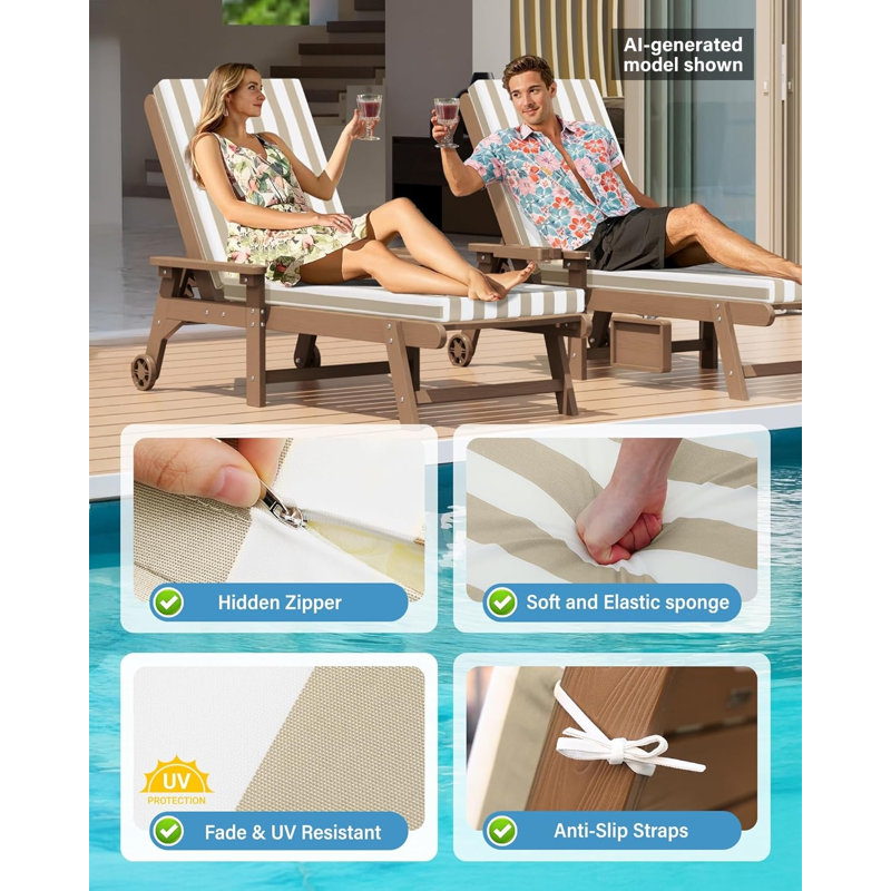 80" Outdoor Chaise Lounge Cushion Olefin Fabric Waterproof Fade-Resistant, Tan Stripes