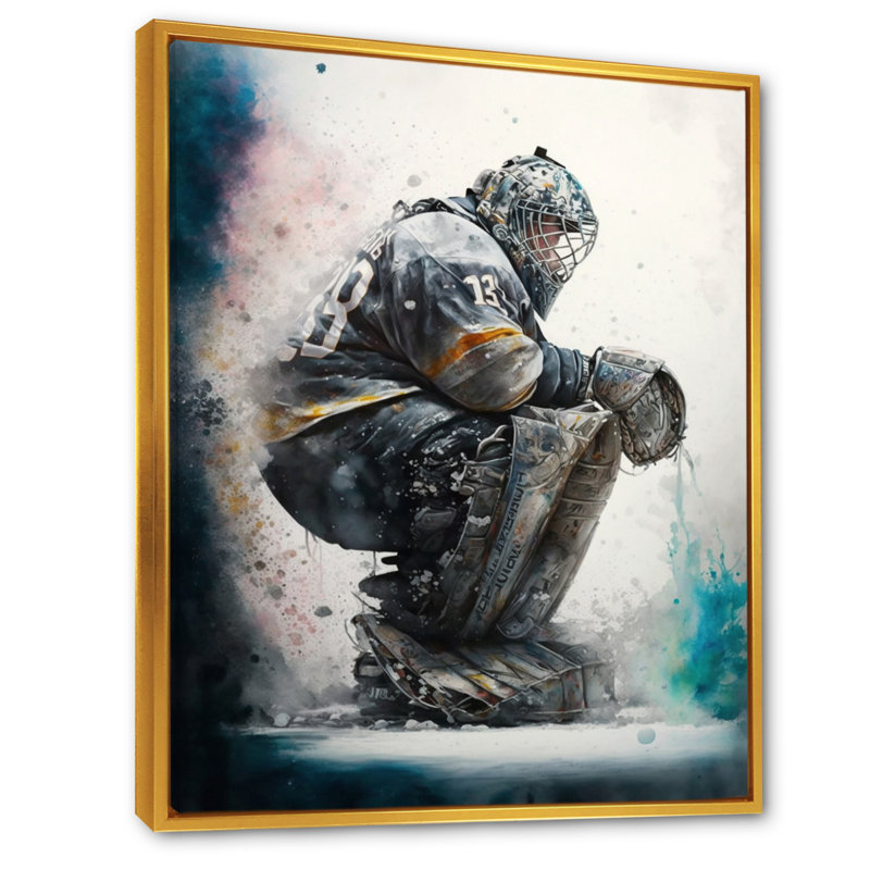 Hockey Gardien I - Impression sur toile, H 32 po x l 24 po x P 1 po, Toile avec cadre flottant or