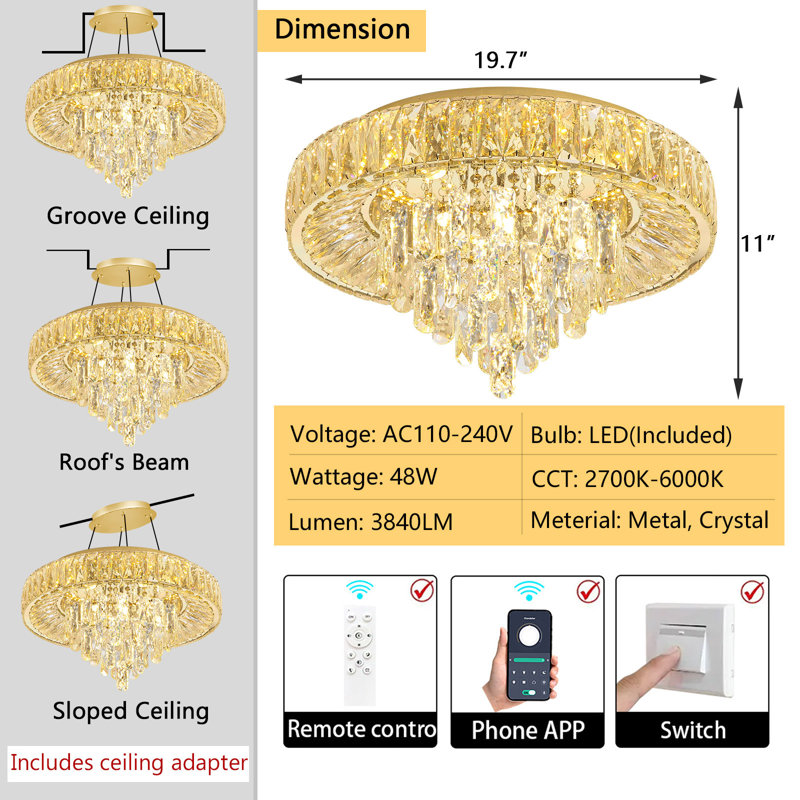 Modern Dimmable Crystal Chandelier, Gold