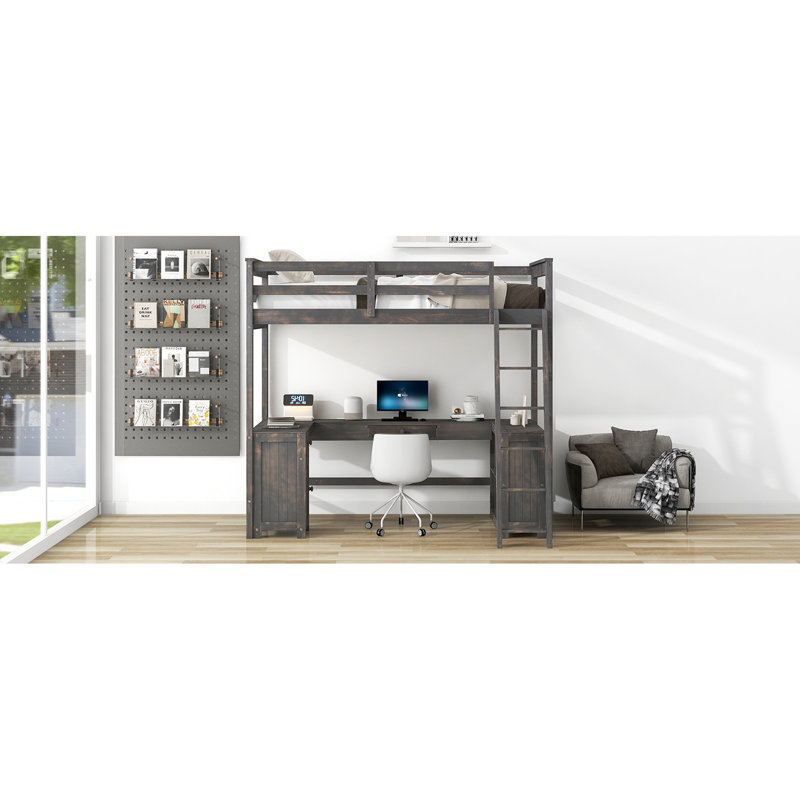 Lit mezzanine simple avec bureau en U, tiroirs et bacs de rangement brun antique