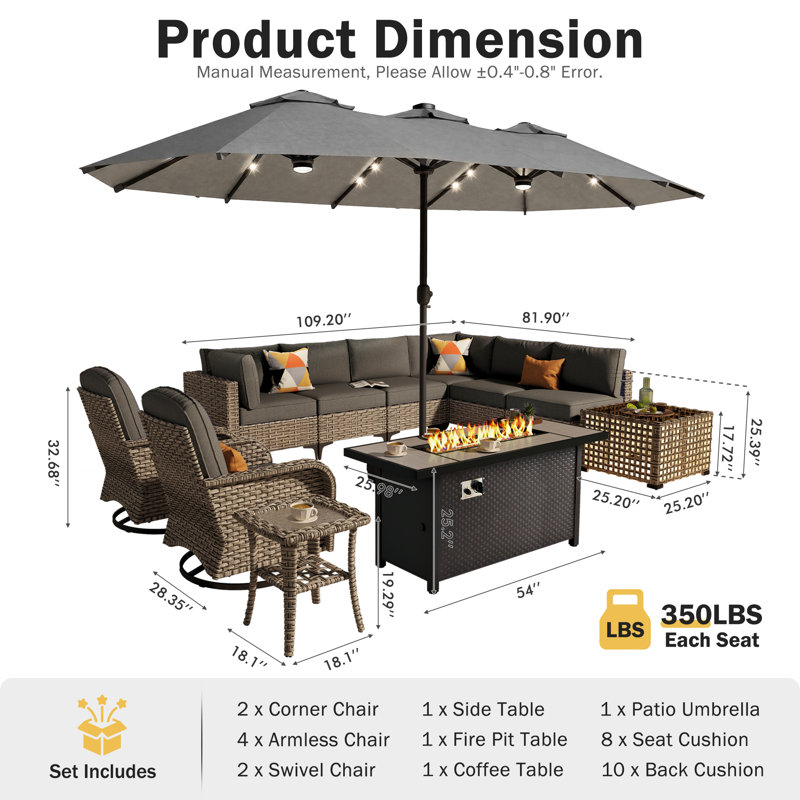 Ensemble de 12 meubles de patio extérieur avec table de foyer 54 po, table basse à lumière solaire et parasol double face 14,5 pi avec base, siège en osier PE pour 8