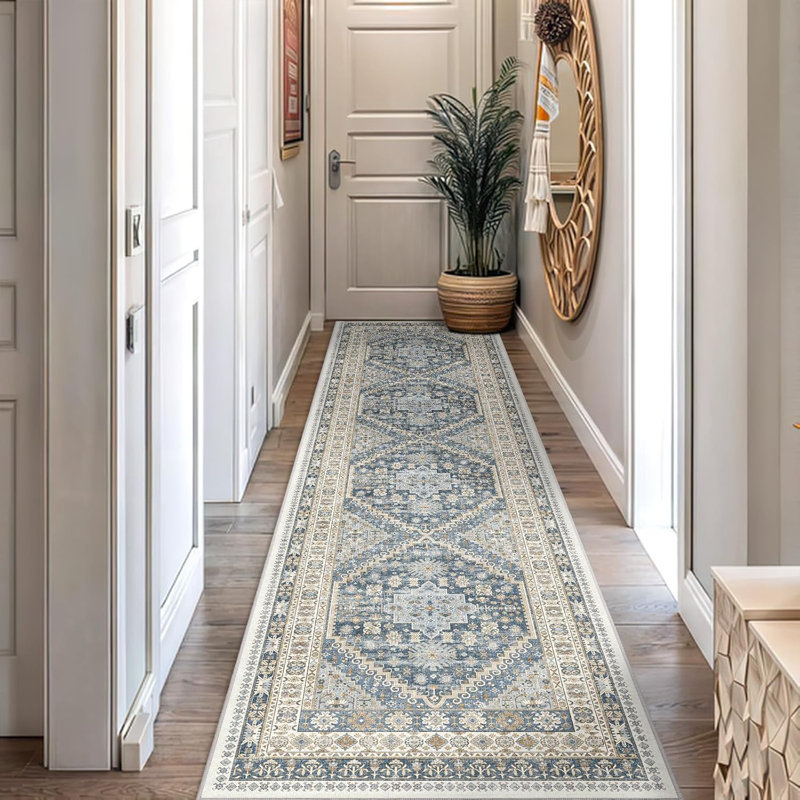 Medallion Non Slip Washable Area Rug(Blue), Runner 2' x 10'