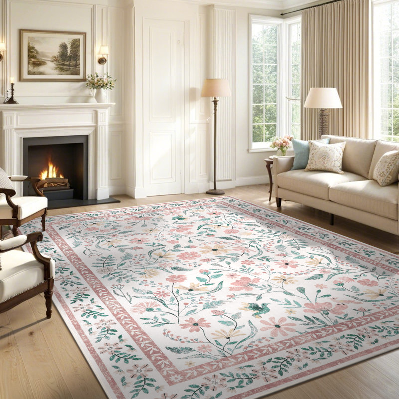 Pink Floral Machine Washable Area Rug with Non-Slip Backing, Rectangle 9' x 12'