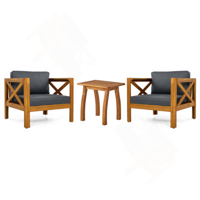Ensemble de conversation pour patio 3 pièces, siège de loisirs en bois pour l'extérieur (ensemble de 2), fauteuil avec coussins, table de bout en bois d'acacia Selma, finition teck, coussin gris foncé