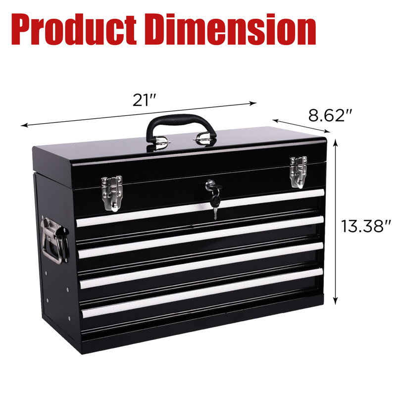 21 - Inch Metal Tool Box With 4 Drawers, Bearing Tracks, Auto Locking, Padding For Portable Multi Function Organizer, Slides Stable Sliding