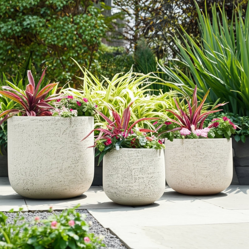 Planter Set Polyresin Carved Sculptural Design Decorative Indoor Outdoor Container Pots Contemporary Minimalist Style Durable Lightweight Construction Set Of 3