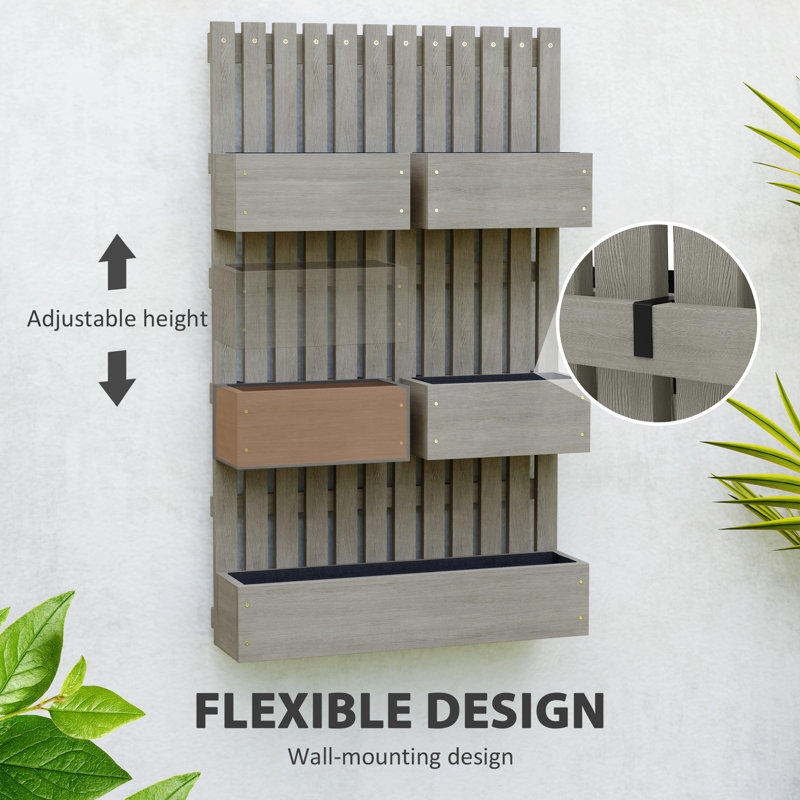 5 jardin surélevé avec treillis pour plantes grimpantes, jardinières murales en bois avec trous de drainage, gris