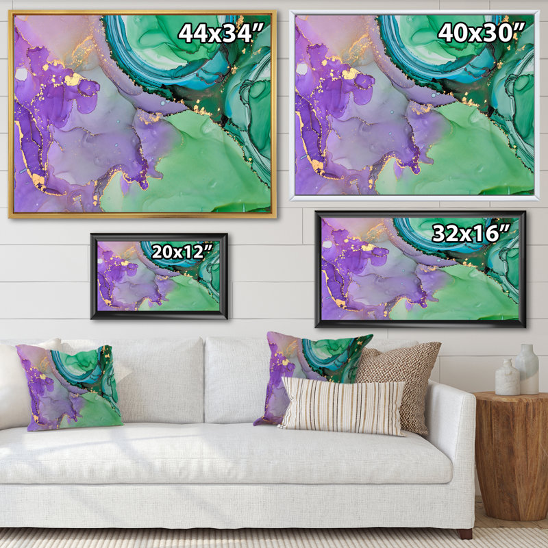 Vert et mauve luxueux abstrait fluide IV - peinture sur toile, H 16 po x l 32 po, Cadre flottant noir