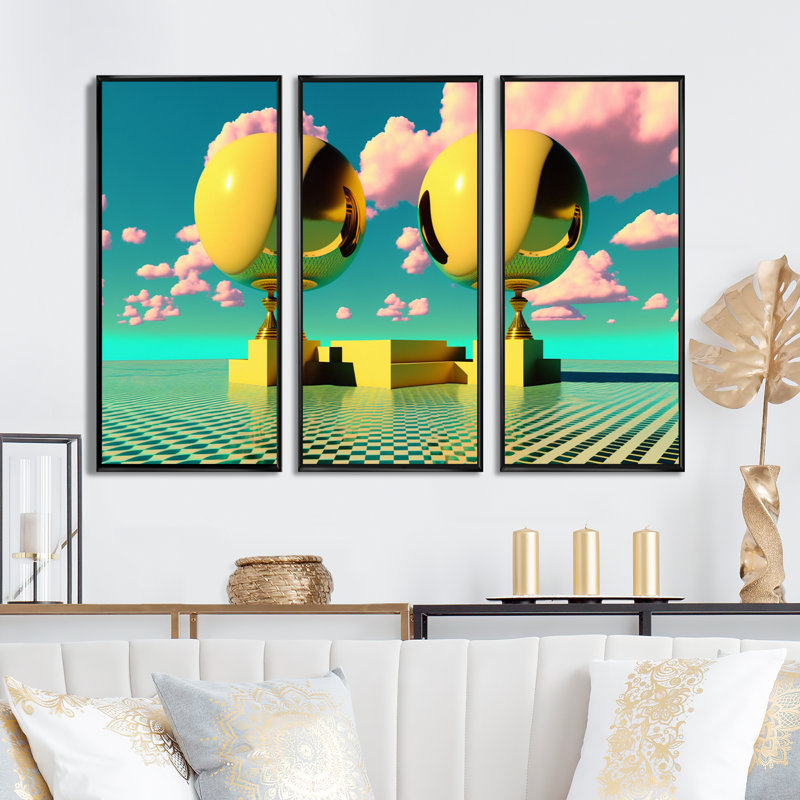 Golden Spheres Infinity I - 3 pièces sur toile, Toile à cadre flottant noir, H 28 po x l 36 po x P 1 po